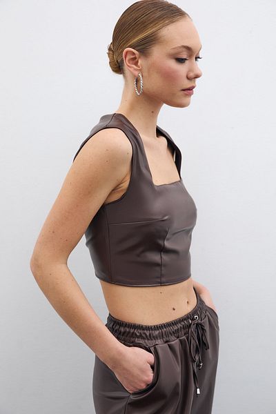 Sateen Square Collar Leather Crop Blouse - Dark Brown