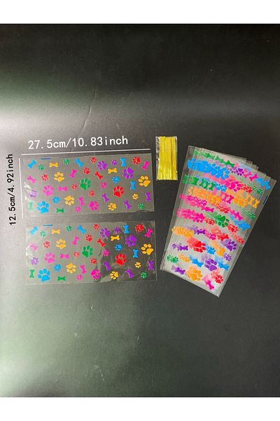 Choice 12.5x27.5cm Other Multi 50pcs Colorful Dog Footprints Pattern Gift Pack Flat Bag With Gold Tie, Cute