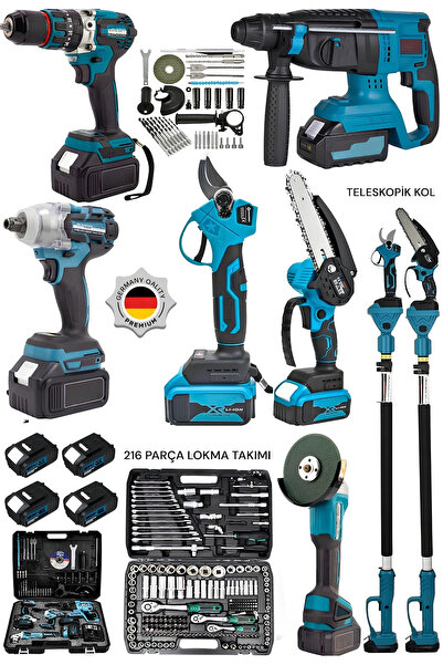 DYNAMİC MAX 216 Parça Lokma Seti-Teleskopik-Budama Makası-Şarjlı Testere-Hilt...