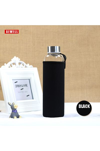 Choice 500-550ml Black AIWILL Hot Selling Glass Sport Water Bottle With Protective Bag 280ml / 360ml / 550m