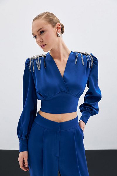 Sateen Short Blouse with Shoulder Accessory - Indigo