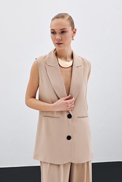 Sateen Casual γιλέκο με λεπτομέρεια με κουμπί - Μπεζ