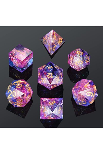 Choice مجموعة نرد DND ذات الحواف الحادة من الراتنج الوردي والأزرق المختلط، نر...