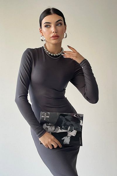 WOMAN VISION Γυναικείο βραδινό φόρεμα μίντι μακρυμάνικο ελαστικό καπνιστό αμμώδες ύφασμα 323