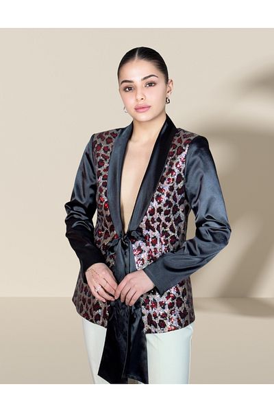 Michelle COCO Jachetă Blazer de damă cu model leopard cu șireturi în față