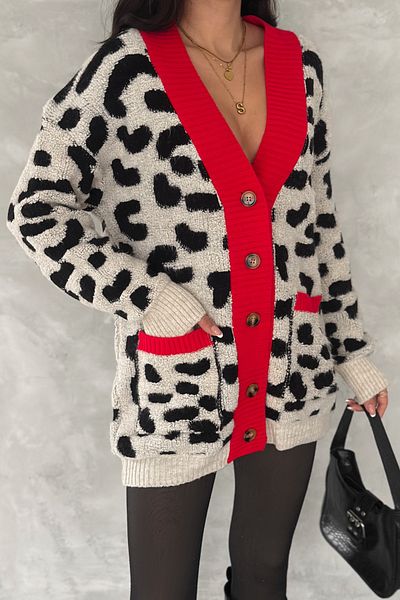 FEMELLE Cardigan pentru tricotaje supradimensionate, cu nasturi, cu model leopard, mărime standard