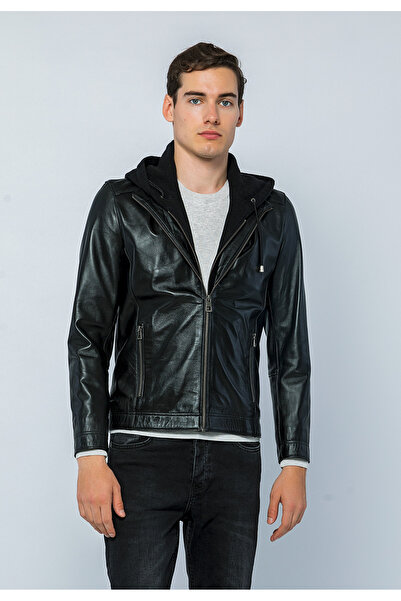 Basics&More سترة جلدية أصلية بغطاء للرأس للرجال - E88K