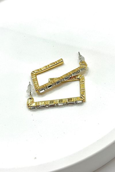 DEMOKAN Women's Earrings Cutout Rectangle Zircon Stone Line Pattern Hoop Earrings