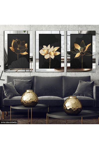 Evinemoda Pictură în oglindă din plexiglas cu flori abstracte din argint 3 piese