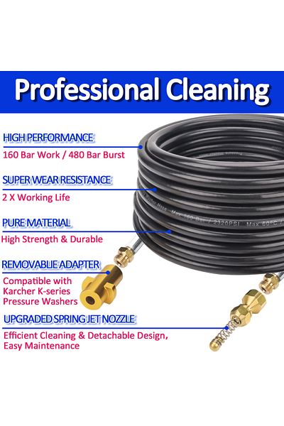 BEAR FORCE 10 Meters 2320psi 160bar High Pressure Washer Sewer Drain Water Cleaning Hose Pipe Cleaner for Ka...
