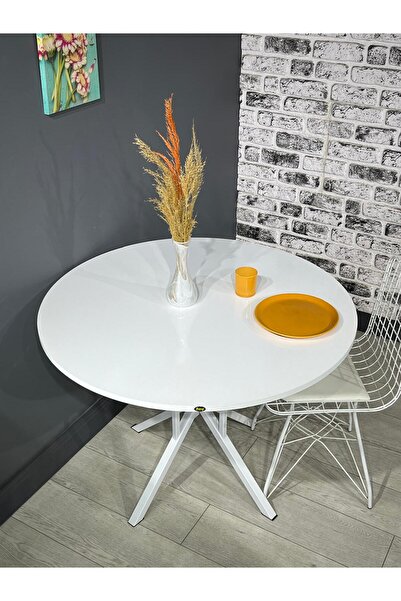 hey modüler mobilya Sedef Beyaz Yuvarlak Mutfak Yemek Masası Balkon Masası Metal Beyaz Ayak 100 Cm