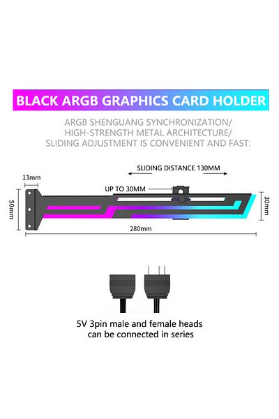 Choice حامل بطاقة الرسومات Black Power Train Argb GPU ذو الارتفاع القابل للتعديل مع دعامة أفقية لبطاقة الرسومات Aura Sync