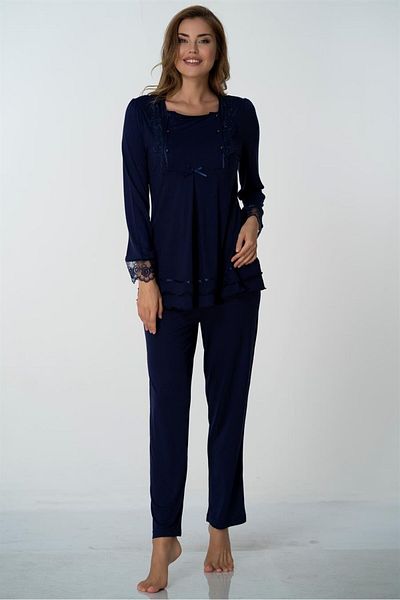 Pelin Women's Navy Blue Long Sleeve Lace Nursing Sleepwear Set