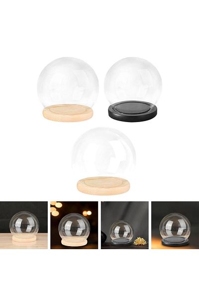 Kesoto 15cm Wood Base Clear Glass Display Dome with Wooden Base Dollhouse Decoration Bell Jar Display Case