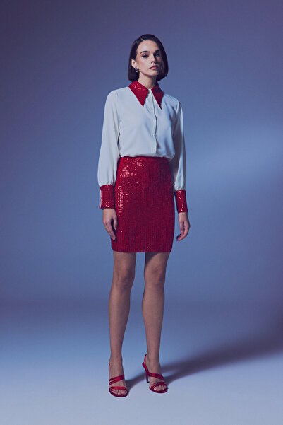 Sateen Payetli Mini Etek - Kırmızı