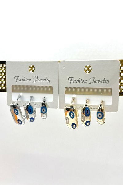 DEMOKAN Women's Earrings Special Series 3 Row Size Ellipse Enameled Evil Eye Bead Motif Non-Tarnish Earrings