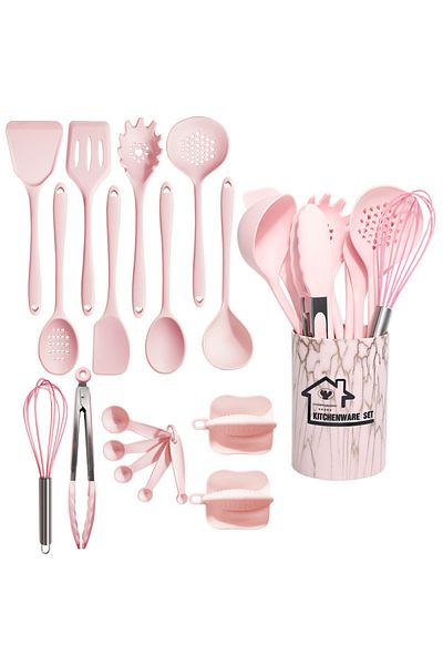Choice Pink Pink 18pcs Food Grade Silicone Kitchen Cookware Utensils Turner Spatula Measuring Spoon Practic