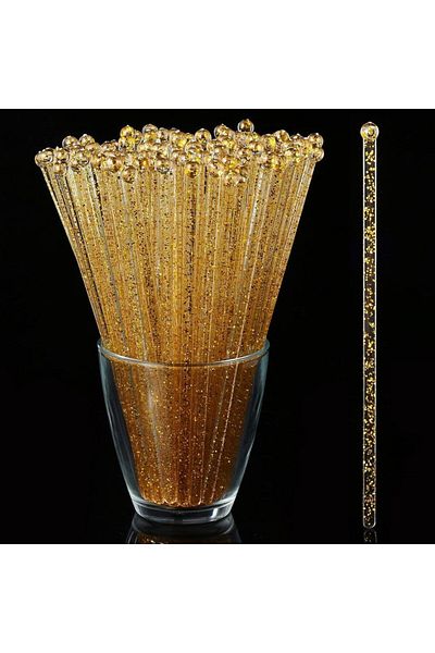 Choice 50 Gold 50 Counts Gold Glitter Plastic Swizzle Sticks, Crystal Cake Pops, Cocktail Coffee Drink Stir