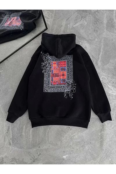 Store Hanorac Uzun Kol Kapüşonlu Ön Ve Arka Baskılı - Siyah