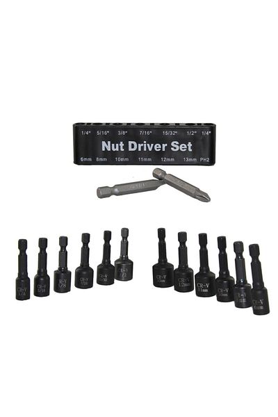MacWork 14 Pcs Power Magnetic Nut Driver Drill Bit Set Metric & SAE Socket Wrench & Screw 1/4 Inch Dr. Hex