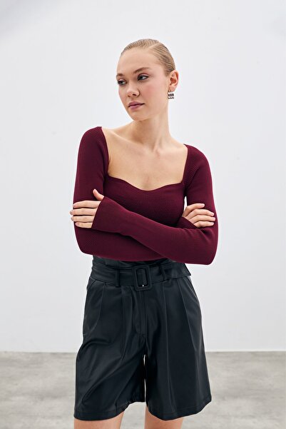 Sateen Kalp Yaka Triko Bluz - Bordo