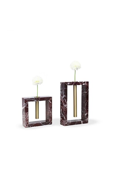 Efendioğlu Design 2'li Eskitme Metal Detaylı Vişne Mermer Obje