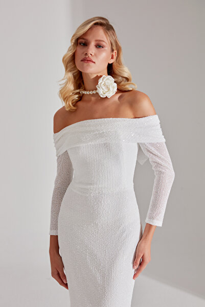 BETTY & SAM CLAIRE Sequin Sparkly White Svatební šaty s off-rameno