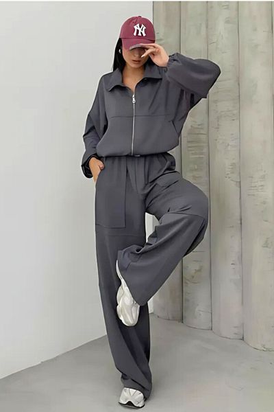msm fashion Women's Tracksuit Set Wide Leg Large Pocket Belt Soft Touch Double Set