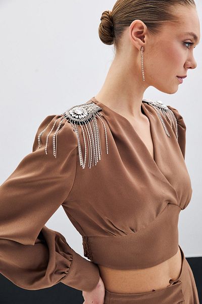 Sateen Short Blouse with Shoulder Accessories - Camel