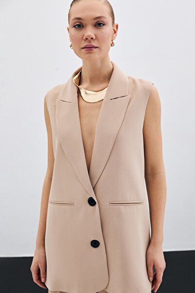 Sateen Casual γιλέκο με λεπτομέρεια με κουμπί - Μπεζ