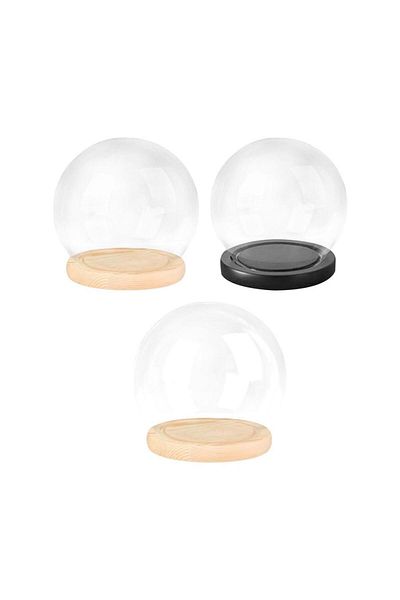 Kesoto 15cm Wood Base Clear Glass Display Dome with Wooden Base Dollhouse Decoration Bell Jar Display Case