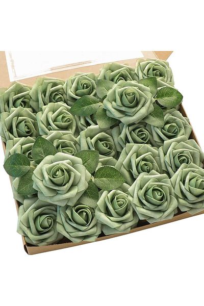 Choice Elf Green Artificial Flowers 25pcs Real Looking Elf Green Foam Fake Roses With Stems For Diy Wedding