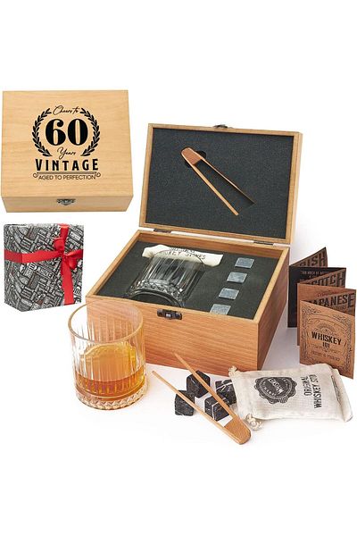 STOREMAX Ntwork Age Designed Wooden Boxed Single Glasgow Whiskey Glass Set + 4 Cooler Stone Set Art 108