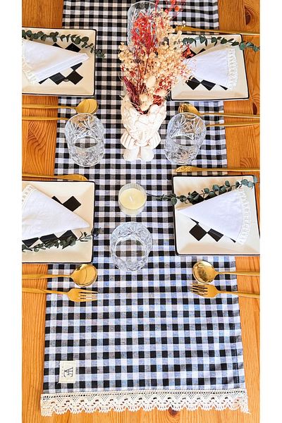 EVYA Pötikare Duck Linen Runner - 40x110 cm Serviciu american vintage, dantelă din bumbac pentru masă și bucătărie