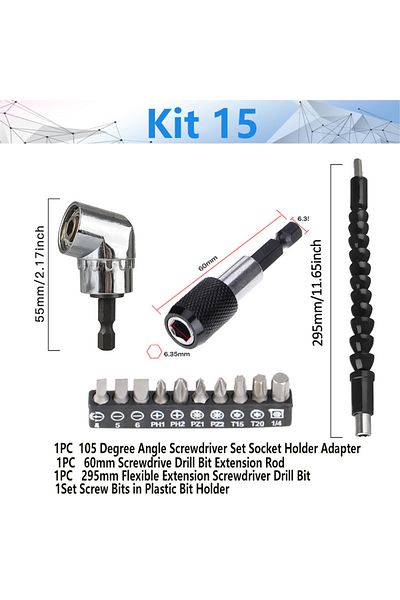 NEWONE Kit15 Adjustable 105 Degree Right Angle Driver Screwdriver Tools Set 1/4 Hex Shank For Power Drill