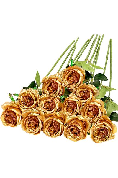 Choice Gold 12pcs Realistic Artificial Rose Bouquet For Weddings, Birthdays, And More For Floral Arrangeme