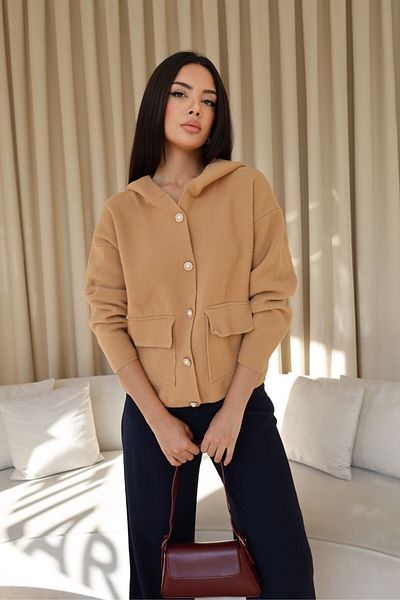 Tuba Butik Hooded Pearl Buttoned Knitwear Women's Cardigan