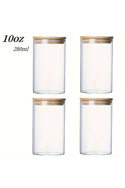 Choice 4 Pcs Glass Jar With Bamboo Lid 280ml 10oz Glass Food Storage Container, Suitable For Kitchen Spice