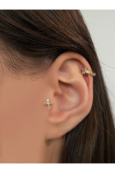 h&b design jewel Cerrahi Çelik Gold Haç Tragus Piercing