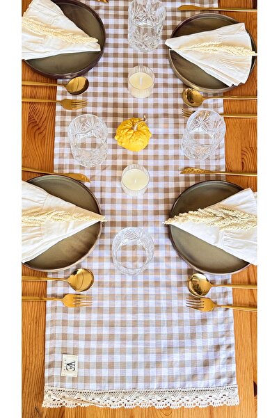 EVYA Gingham Duck Linen Runner - 40X110 cm Vintage American Service, Cotton Lace Dining Table and Kitchen
