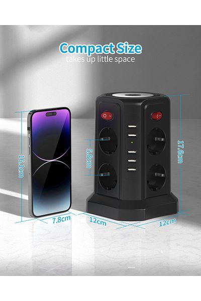 Choice 110-250v Eu 8 Black Eu 8-position Multifunctional Socket Tower With 5 Usb Ports, Independent Control