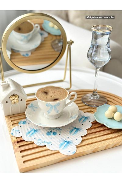 DECO Pastel Blue Bow and Cherry Patterned Washable Fabric Napkin 1 Piece