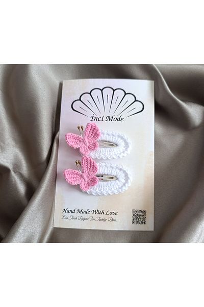İnci Mode Pink-White Butterfly Patterned Buckle Handmade