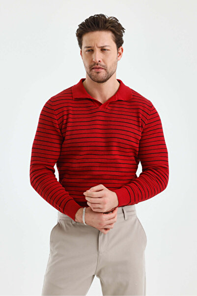 BLUE STREET Erkek Patlı Slim Fit Çizgi Detaylı Uzun Kollu Polo Yaka Triko Kazak