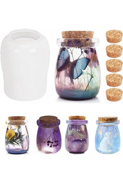 Choice 1set Jar Resin Molds Silicone With 5pcs Cork Lids, Cute Bottle Silicone Molds For Epoxy Resin, Diy M