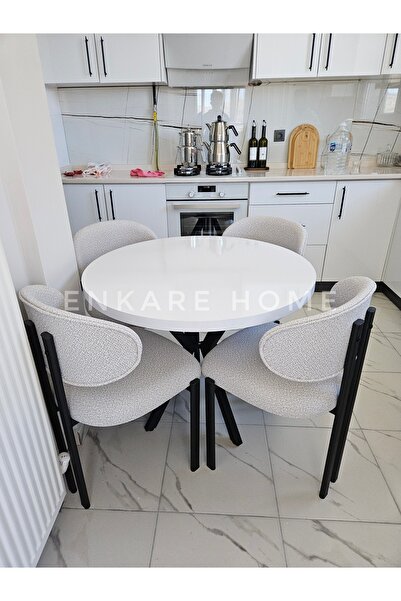 Enkare Badem Masa Sandalye Takımı, Yuvarlak Masa Takımı, Teddy Kumaş, 4 Kişilik, İskandinav, 90x90