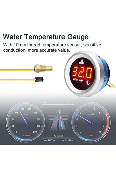 Choice 52mm Water Temperature Gauge Car Digital Meter LED Display 9-36V with Temperature Sensor Alarm Fu...