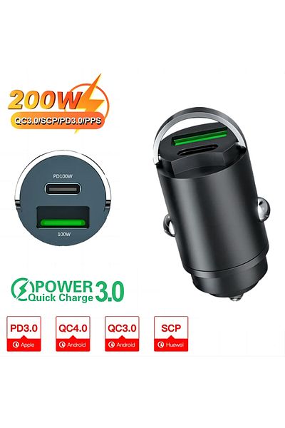 Choice شاحن سيارة صغير QC Pd 200 وات بمنفذ USB/qc3.0 Pd 12-24 فولت سريع الشحن وشاحن سيارة USB من النوع C ولاعة من Xia