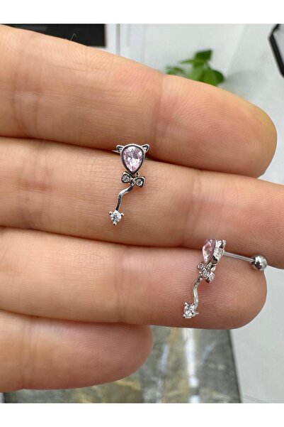 Arescollection pembe zirkon taşlı 1 adet tragus helix lobe conch flat uyumlu piercing küpe