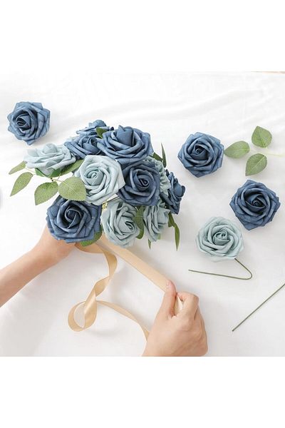 Choice Blue 25 Pieces Of Blue Artificial Rose Flower Arrangement Decoration